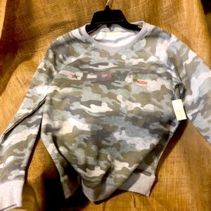Camo sweatshirt- iridescent “LOVE” on font